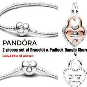 Pandora Silver Snake Chain Bracelet with Rose Gold & Silver Heart Padlock Charm